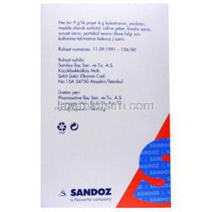 コレストラン,コレスチラミン　細粒,箱裏面情報,4g,製造元： Sandoz a Novartis